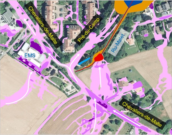 Carte du flux de ruissellement actuel secteur Ru-Malet